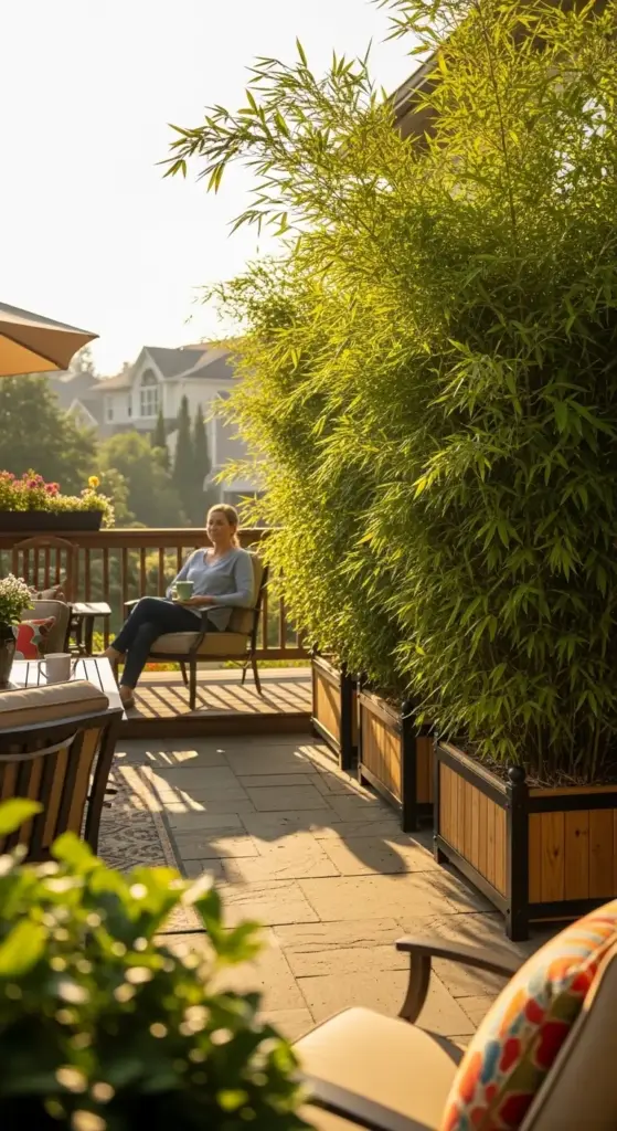 A woman sits on a patio deck, enjoying a beverage in the sun. A large, dense screen of bamboo plants in wooden planters creates a natural privacy fence, separating the deck area from the background. The keyword "Privacy Fence Ideas" is included in the description.
