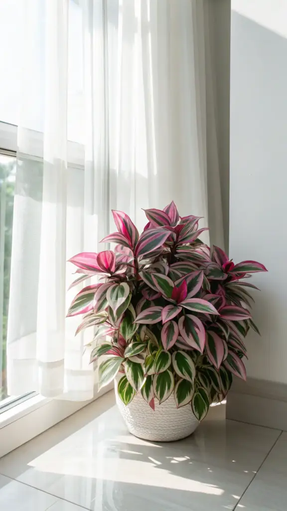 A healthy, lush Tradescantia Nanouk plant with vibrant pink, green, and white foliage thrives in a white pot, bathed in natural light by a window with sheer curtains, demonstrating ideal conditions for Tradescantia Nanouk care.