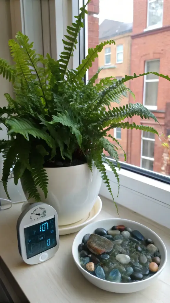 Lush Boston fern in a white pot on a windowsill, with a digital hygrometer displaying humidity levels and a pebble tray beside it. This setup demonstrates optimal conditions for Growing Blue Star Ferns Indoors, even though the plant pictured is a Boston fern, highlighting general indoor fern care.