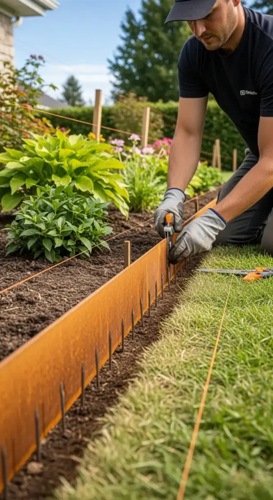 A person wearing gloves installing a rustic corten steel garden edge, demonstrating practical garden edging ideas for creating neat borders between a lawn and a planting bed.