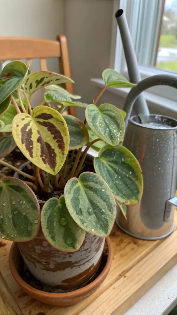 A close-up of a Watermelon Peperomia plant in a terracotta pot with a textured pattern, sitting on a wooden surface. The plant's round, variegated leaves, some with water droplets, display the characteristic green and silver-green stripes, along with some yellowing and brown spots on a few leaves. A grey metal watering can is partially visible to the right. This image is ideal for content related to "Watermelon Peperomia Care" and troubleshooting common plant issues.