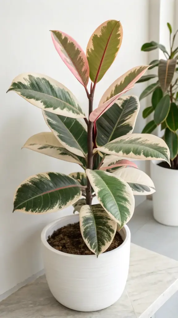 A beautiful Ficus elastica 'Shivereana' (variegated rubber plant) in a white pot, highlighting one of the popular rubber plant varieties.