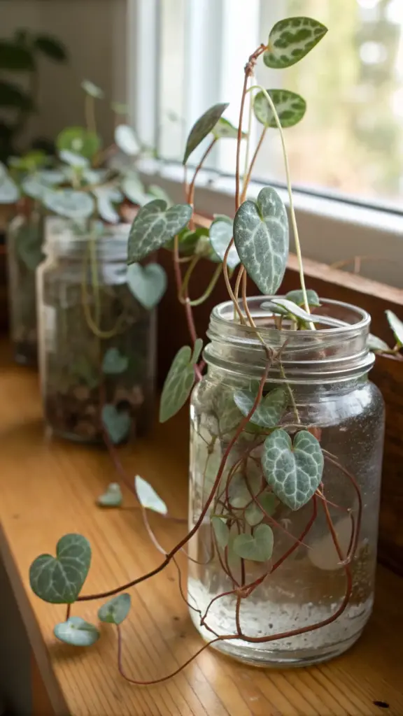 String of Hearts propagation in water, with several cuttings showing healthy root growth in a clear glass jar on a wooden windowsill.