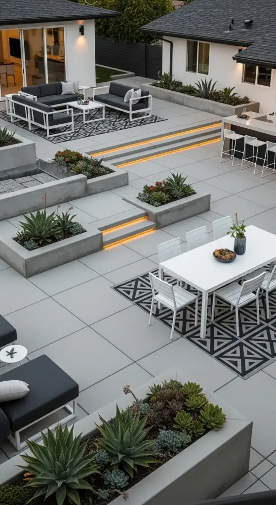 A contemporary backyard patio featuring sleek, minimalist "Backyard Patio Designs." The image showcases a multi-level concrete patio with integrated lighting on the steps and raised planters filled with succulents. There are separate zones for dining and lounging, equipped with modern white and black furniture, creating a sophisticated and clean outdoor living space.
