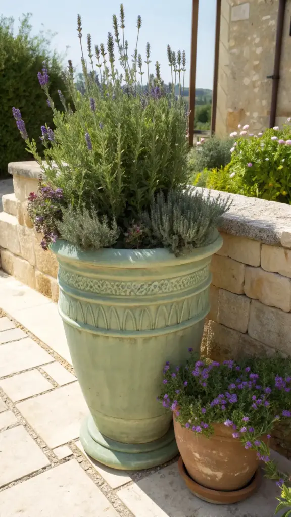 A tall, ornate light green planter filled with blooming lavender and other herbs, positioned next to a stone wall on a paved patio, demonstrating elegant full sun planter ideas for an outdoor space, with a smaller terracotta pot of purple flowers beside it.