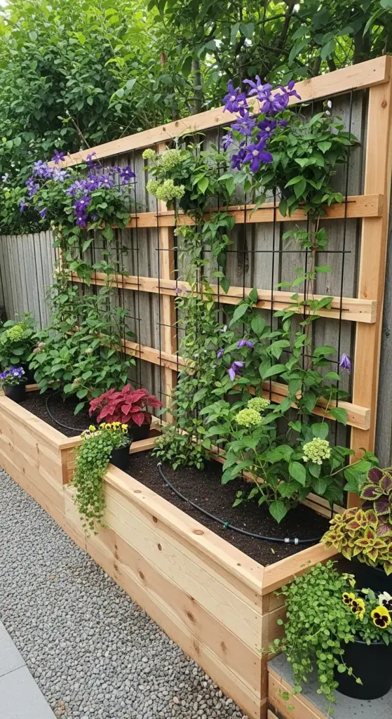 A charming wooden garden fence with integrated planter boxes at its base, supporting climbing purple clematis and other greenery on trellises. Various potted plants add color and texture, showcasing appealing "Garden Fence Ideas" for small spaces or backyard landscaping.