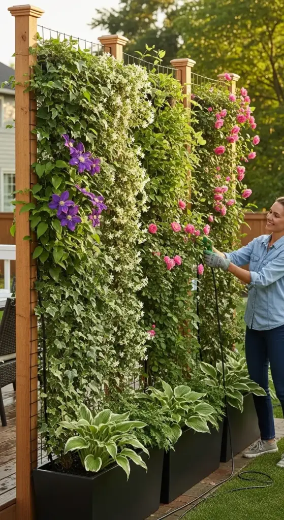 A woman in a denim shirt and gardening gloves waters a living privacy fence made of a wooden trellis covered in climbing ivy, pink roses, and purple clematis flowers. The fence provides a beautiful, natural screen for the patio and is a great example of creative "Privacy Fence Ideas."