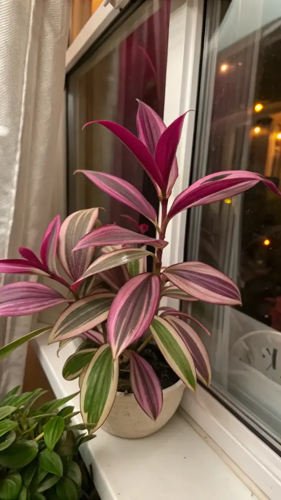 A vibrant Tradescantia Nanouk plant with distinct pink, purple, and green variegated leaves is placed on a window sill, showcasing the healthy growth that results from proper Tradescantia Nanouk care.