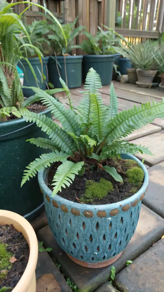A lush green fern, resembling a Blue Star Fern, thriving in a stylish teal pot with moss at its base. While pictured outdoors, this image showcases the healthy growth characteristic of Growing Blue Star Ferns Indoors as a vibrant houseplant, highlighting their attractive foliage and ease of care in a decorative container.