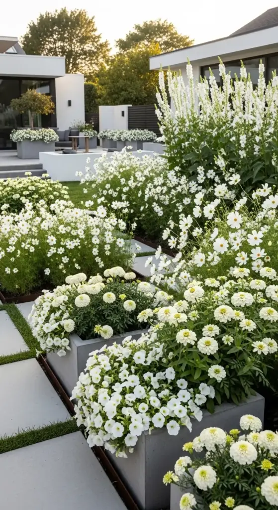 A pristine modern garden features an abundance of white flowers, offering elegant creative flower garden ideas. Large concrete planters hold clusters of white petunias and zinnias, while beds of white cosmos and tall white delphiniums or similar spires create a serene landscape. Smooth grey pavers with strips of green grass lead through the minimalist design, with modern white buildings and outdoor seating visible in the background under a warm sky.