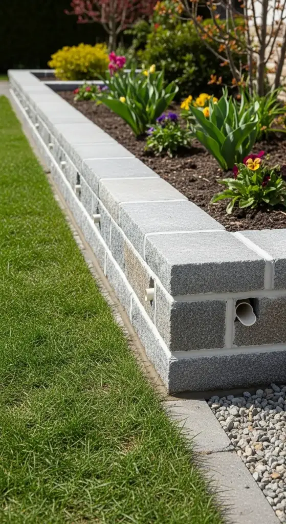 Elevated garden bed with a neat grey concrete block wall and visible drainage pipes, showcasing sturdy and attractive garden edging ideas for landscaping.