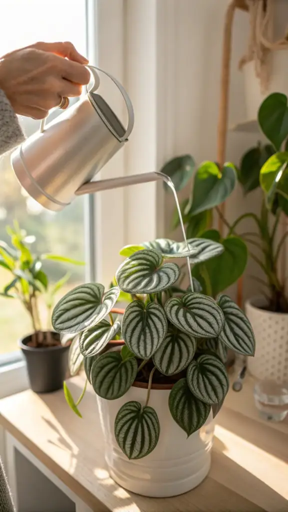 A person's hand is seen watering a healthy Watermelon Peperomia plant in a white pot with a sleek silver watering can. The plant, positioned on a sunlit wooden windowsill, displays vibrant, round leaves with distinct silver and dark green stripes. Another plant is visible in the background, along with a window showing soft outdoor light. This image is perfect for illustrating proper watering techniques as part of "Watermelon Peperomia Care."