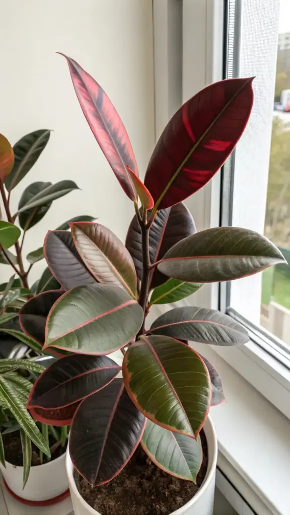 A vibrant Ficus elastica 'Ruby' rubber plant with striking burgundy and dark green leaves, showcasing one of the colorful rubber plant varieties.