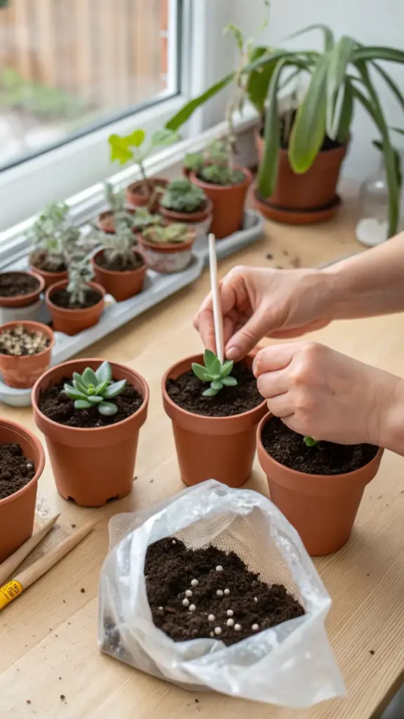A person potting small succulent cuttings, demonstrating a technique also used in the final soil-potting stage of String Of Hearts propagation.