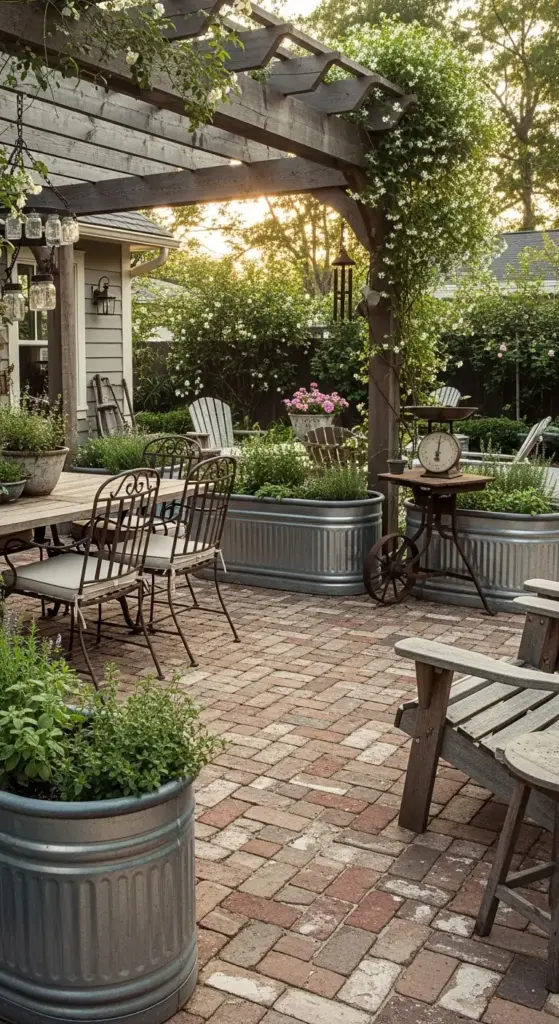 A rustic and cozy backyard patio with a keyword-rich alt text. The image features charming "Backyard Patio Designs" that include a red brick patio floor, a wooden pergola covered in climbing plants, and a variety of potted herbs and flowers in galvanized metal troughs. An antique scale and comfortable seating with wrought iron and wooden chairs complete the farmhouse-style aesthetic.