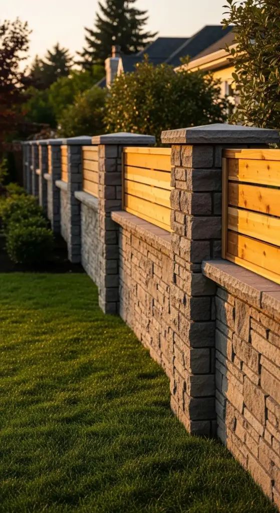 A durable and aesthetically pleasing garden fence made of stacked stone blocks with natural wood slats on top, bathed in the warm glow of the setting sun. Lush green grass runs alongside the fence, highlighting a blend of natural materials for "Garden Fence Ideas."