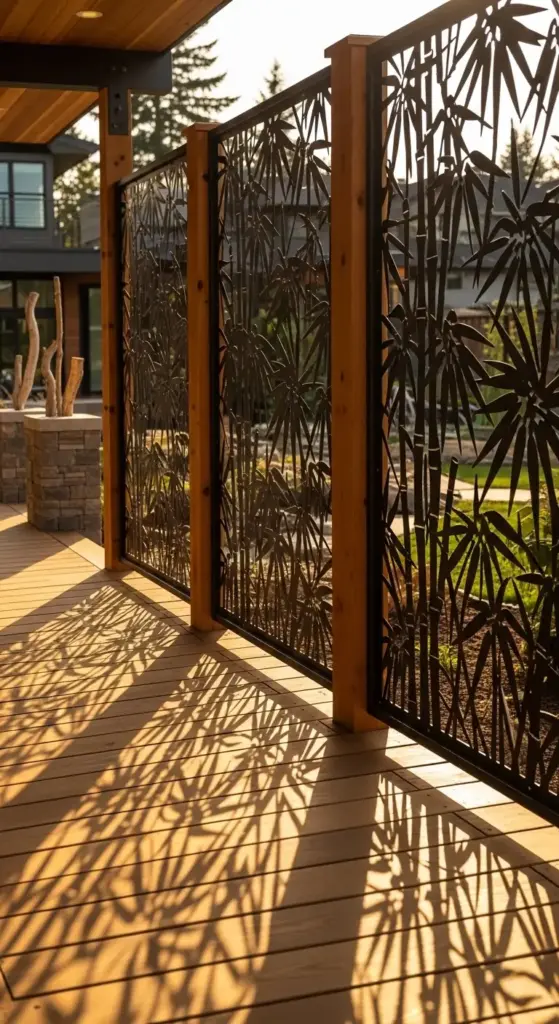 A modern wooden deck with an artistic metal privacy fence featuring a cutout bamboo pattern. The setting sun casts long, striking shadows of the fence onto the deck. This is a stylish and contemporary example of "Privacy Fence Ideas."