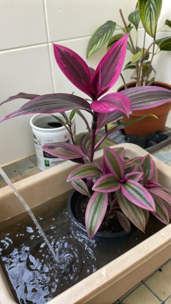 A Tradescantia Nanouk plant with striking pink and green foliage is being watered in a basin, demonstrating an effective method for Tradescantia Nanouk care and proper hydration.