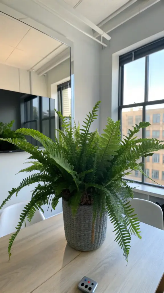 A vibrant, bushy fern, likely a Boston or similar variety, thrives in a decorative grey pot on a wooden table in a bright, modern office or living space. This healthy specimen demonstrates the successful results of Growing Blue Star Ferns Indoors, showcasing how ferns can enhance indoor aesthetics with their lush green foliage.
