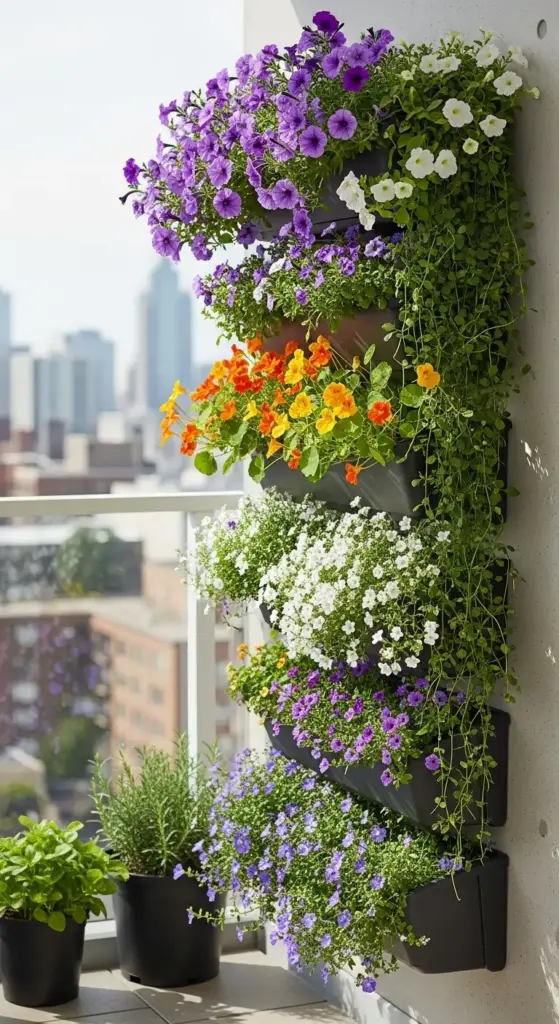 A stunning vertical garden on a balcony showcases creative flower garden ideas, featuring black wall-mounted planters overflowing with a vibrant mix of petunias in shades of purple, white, and orange. Trailing green foliage spills from the containers, adding to the lush display. Potted herbs and flowers are also visible on the balcony floor, with a blurred city skyline in the background, making it perfect for urban gardening inspiration.