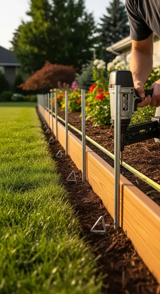 A person using a nail gun to install a wooden garden border with metal stakes, illustrating DIY garden edging ideas for creating clean lines between a lawn and a flower bed.