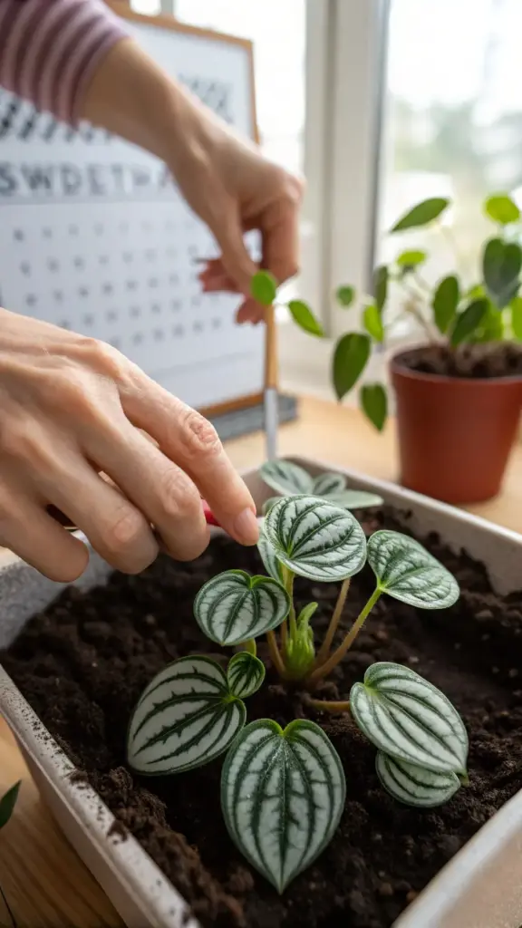 A close-up shot of hands tending to a young Watermelon Peperomia plant with several small, vibrant leaves in a rectangular planter filled with dark soil. One hand is gently touching a leaf, while the other holds a tool, possibly for propagation or planting. Another Peperomia plant in a terracotta pot is visible in the background near a window. This image is excellent for illustrating propagation, repotting, or general "Watermelon Peperomia Care."