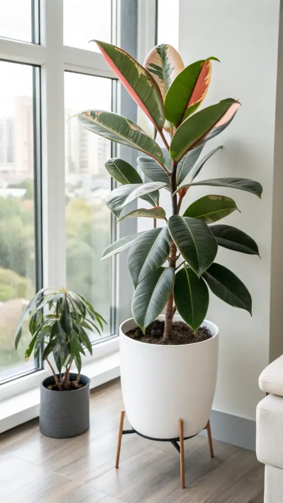 A tall Ficus elastica 'Tineke' (variegated rubber plant) in a white pot on a plant stand, demonstrating the varied growth habits of rubber plant varieties.