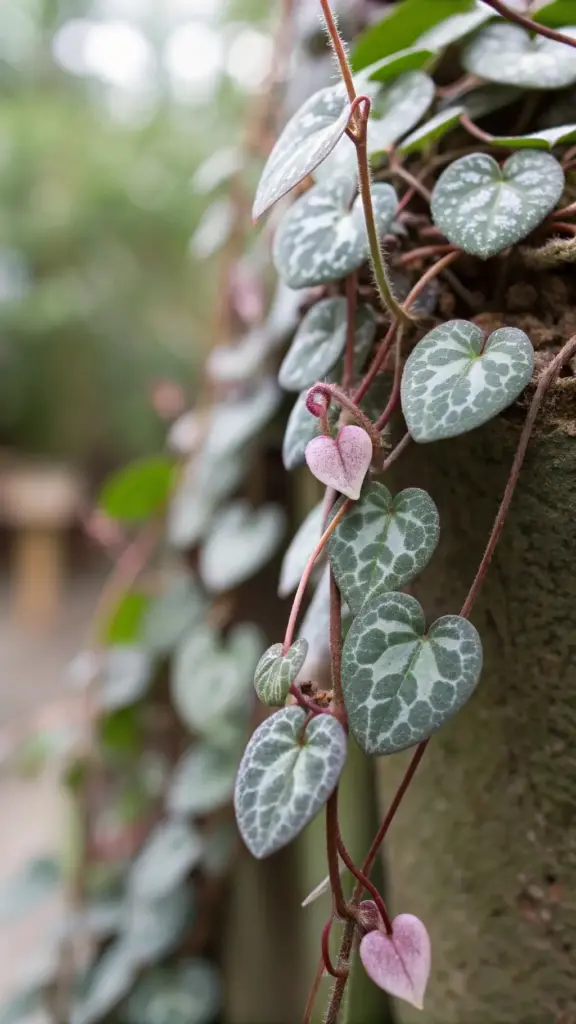 A close-up of a healthy, mature String of Hearts plant with cascading vines of silver-patterned leaves, showing it is an ideal source for taking cuttings for String Of Hearts propagation.