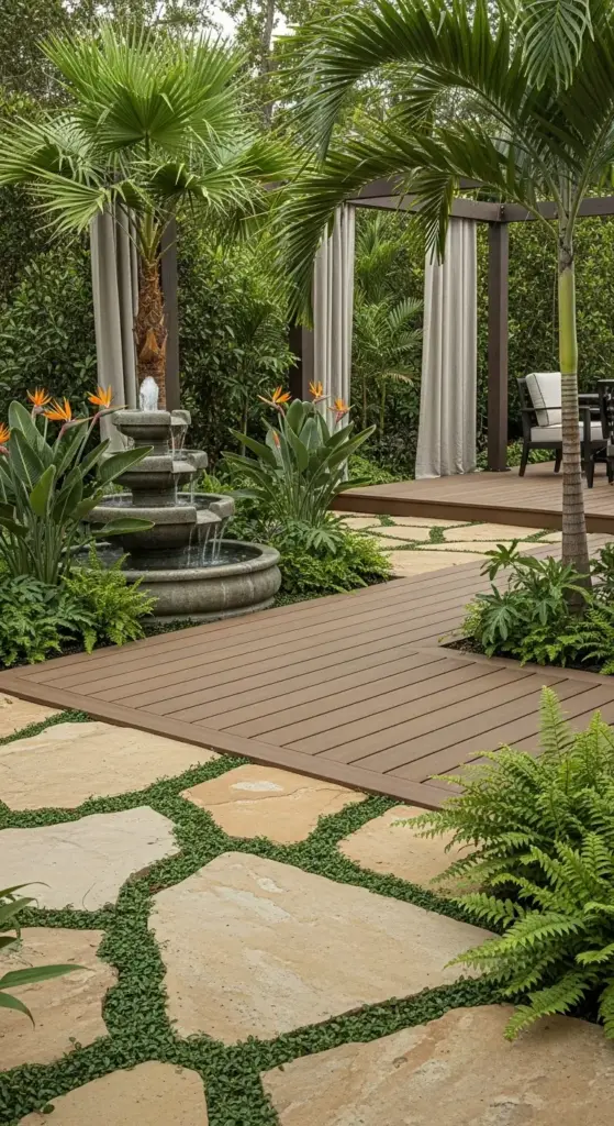 A tranquil, tropical-inspired backyard patio featuring a keyword "Backyard Patio Designs." The image shows a multi-texture patio floor with large, irregular stone pavers separated by ground cover and a wooden deck leading to a shaded seating area. Lush palm trees, ferns, and bird-of-paradise flowers surround a tiered stone fountain, creating a serene and exotic outdoor oasis.