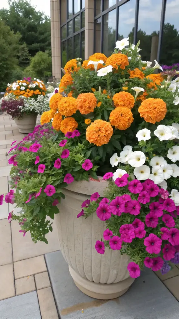 A large, textured concrete planter overflows with a vibrant display of orange marigolds, white petunias, and cascading fuchsia petunias, illustrating beautiful full sun planter ideas for an outdoor patio or entryway, with another similar planter in the background.