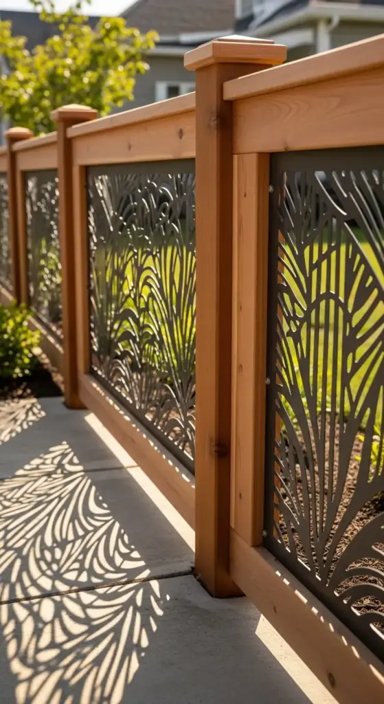 A close-up view of a modern garden fence featuring natural wooden posts and decorative metal panels with an intricate, organic leaf pattern. Sunlight casts beautiful, dappled shadows of the fence onto the ground, showcasing stylish and artistic "Garden Fence Ideas."