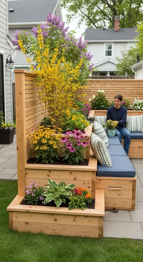 A beautiful backyard patio featuring a tiered wooden planter box filled with a variety of colorful flowers and shrubs. A matching wooden privacy fence with slatted design is integrated with a built-in bench, providing both seating and seclusion. A woman is sitting on the bench, tending to a plant, showcasing a practical and decorative example of "Privacy Fence Ideas."