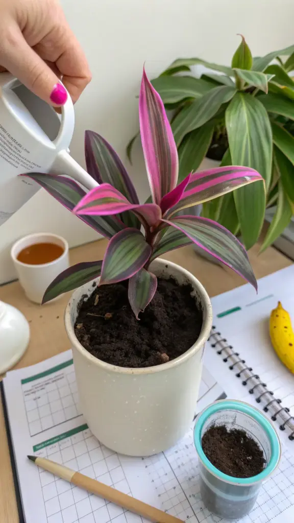 A hand with pink nail polish waters a potted Tradescantia Nanouk plant with vibrant pink, purple, and green leaves, demonstrating a key aspect of Tradescantia Nanouk care and proper hydration.