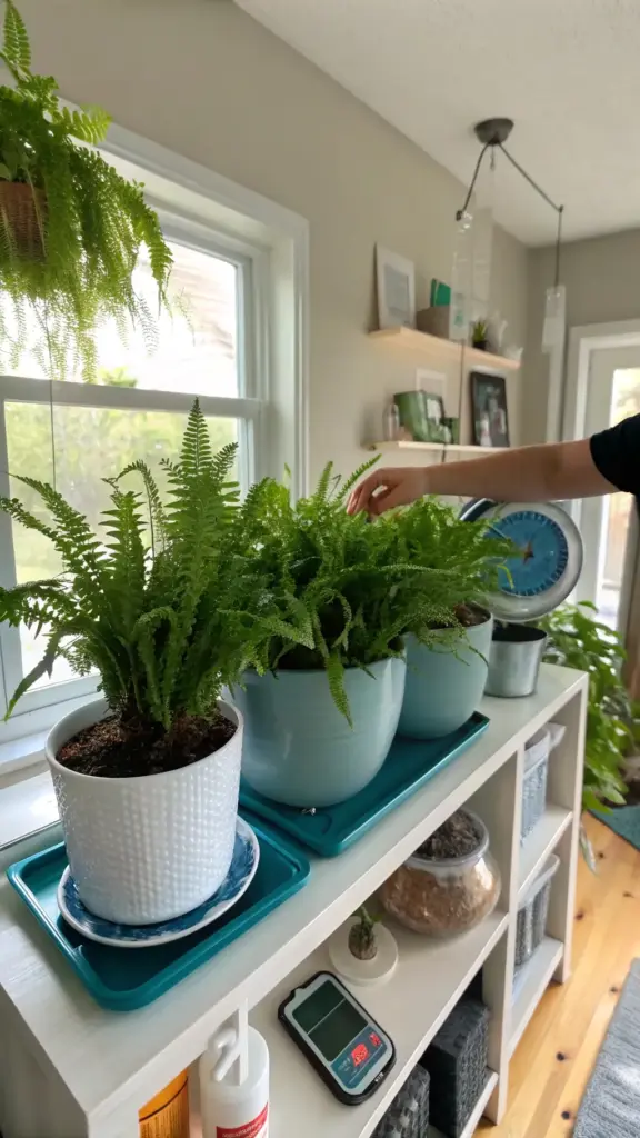 A collection of lush green ferns, including a Boston fern and other varieties, arranged on a white shelf with a hand tending to one. This scene beautifully illustrates the practice of Growing Blue Star Ferns Indoors and other fern types, showcasing their vibrant foliage and the care involved in maintaining healthy indoor plants.
