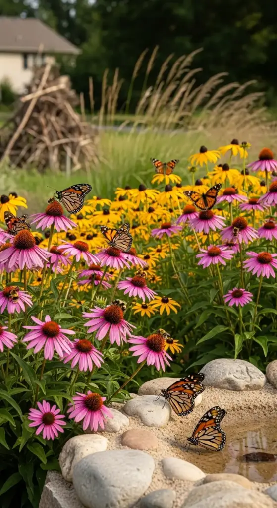A vibrant butterfly garden scene bursts with creative flower garden ideas, featuring numerous monarch butterflies fluttering around and resting on bright pink coneflowers and yellow black-eyed Susans. Several butterflies are gathered around a shallow water feature edged with smooth stones in the foreground. The background shows a lush green landscape with tall grasses and a glimpse of a building, highlighting a beautiful and eco-friendly garden design.