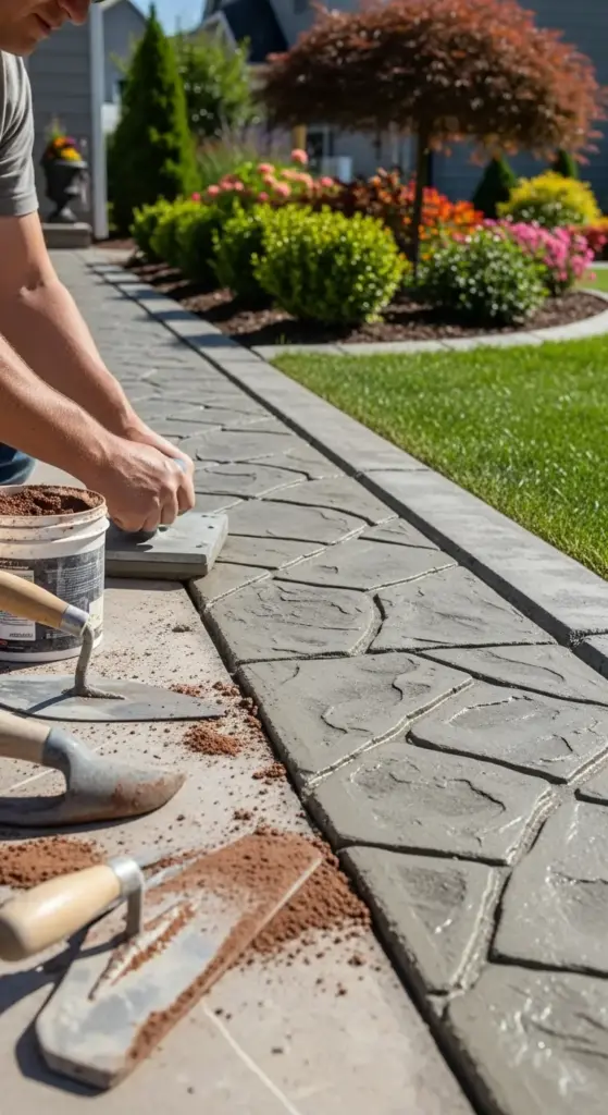 A person installing decorative stamped concrete garden edging alongside a lush green lawn and flower bed, showcasing creative garden edging ideas for pathways and landscape borders.