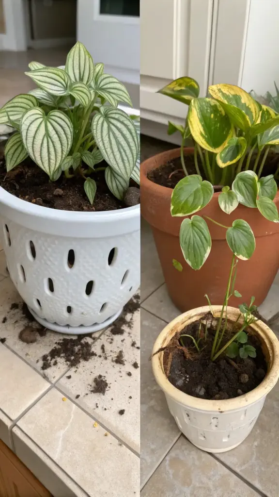 A side-by-side image showcasing different aspects of plant care. On the left, a healthy Watermelon Peperomia in a decorative white pot with drainage holes sits on a tiled surface, with some loose soil. On the right, a terracotta pot holds a larger plant with variegated green and yellow leaves, and a smaller, light-colored pot in the foreground contains a young plant with a few green leaves. This composite image could be used to compare growth, potting, or other aspects of "Watermelon Peperomia Care."