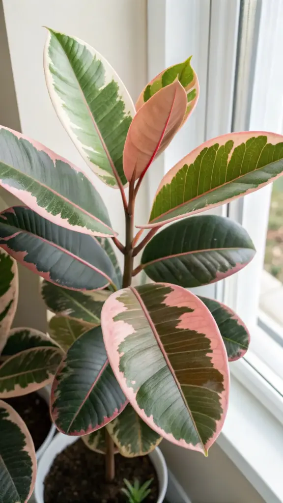 Close-up of a stunning Ficus elastica 'Belize' rubber plant, showcasing its distinctive pink, cream, and green variegated leaves, a popular choice among rubber plant varieties.