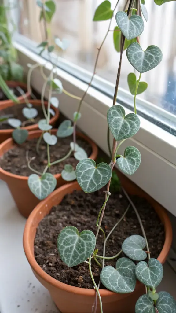 The successful result of a String Of Hearts propagation, showing a newly potted cutting with its silver-veined, heart-shaped leaves growing in a terracotta pot on a windowsill.
