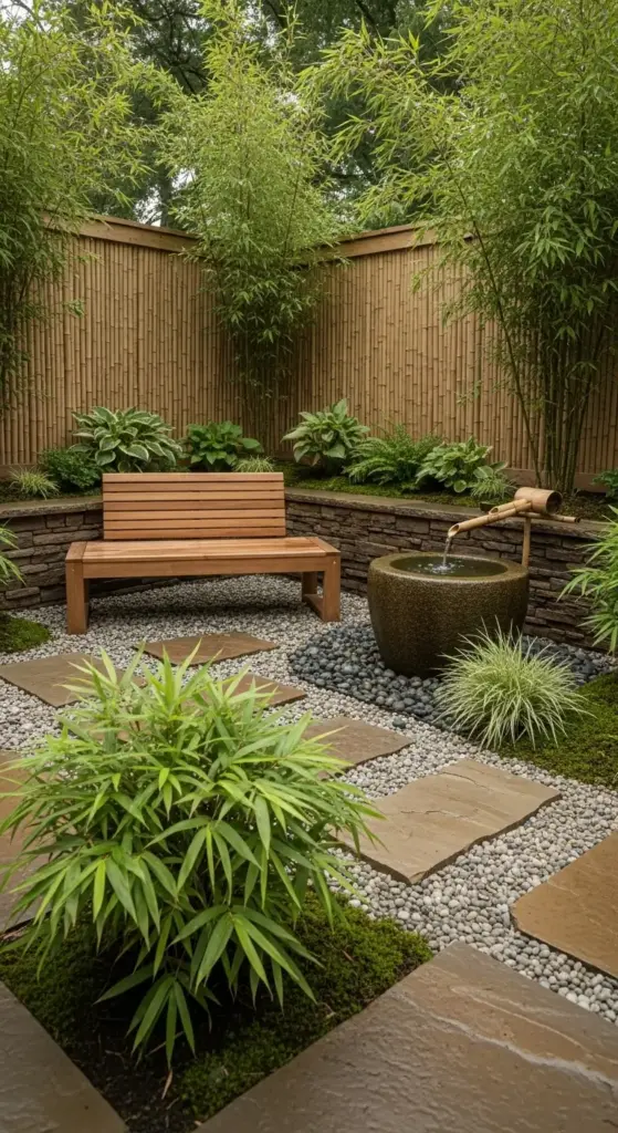 A Zen-inspired backyard patio with a keyword "Backyard Patio Designs" that features a tranquil Japanese garden aesthetic. The image shows a small seating area with a simple wooden bench, surrounded by a gravel and stepping-stone patio floor. A bamboo fountain flows into a stone basin, set against a backdrop of a bamboo fence and lush greenery, including hostas and other plants, creating a peaceful and minimalist retreat.