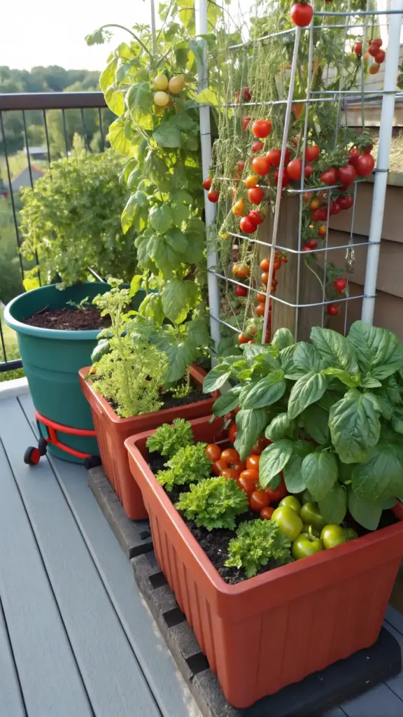 A collection of rectangular terracotta and green plastic planters on a wooden deck, showcasing successful full sun planter ideas for a balcony vegetable garden with ripe red tomatoes on trellises, leafy green lettuce, vibrant green bell peppers, and lush basil plants.