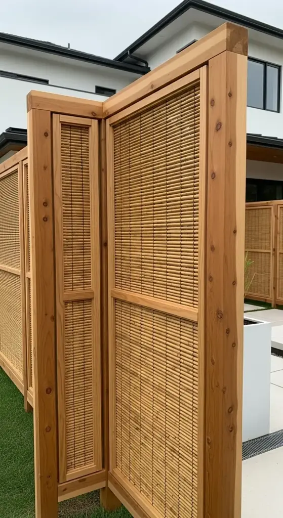 A close-up view of a modern garden fence made of light-colored wood frames with horizontal, woven bamboo-like panels. The fence is angled, suggesting it's part of a larger outdoor living space next to a contemporary white building. This image showcases natural and stylish "Garden Fence Ideas."