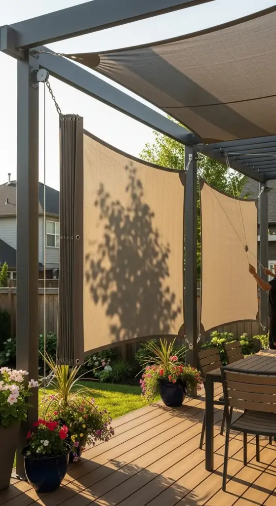 A modern patio with a pergola features retractable fabric screens that serve as a customizable privacy fence. A person is adjusting one of the beige fabric panels, which provides shade and a visual barrier. Potted plants with colorful flowers decorate the wooden deck. This image is a great example of adaptable and modern "Privacy Fence Ideas."