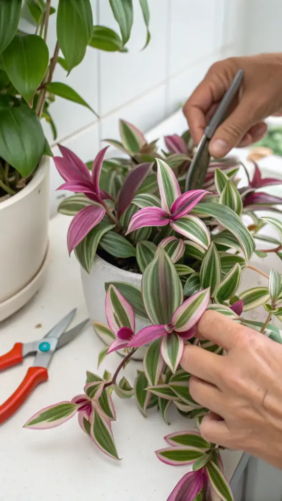 A person prunes a healthy Tradescantia Nanouk plant with vibrant pink, green, and white variegated leaves, showcasing an important step in Tradescantia Nanouk care for optimal growth.