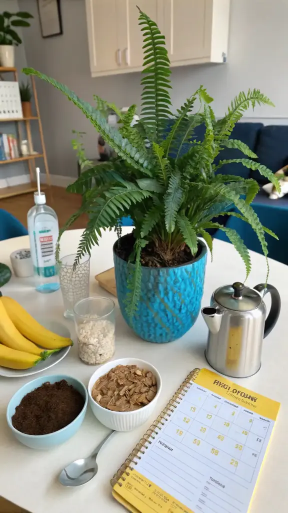 A healthy green fern in a striking blue pot on a table, surrounded by items suggesting plant care and daily life, including bowls of soil amendments and a planner. This image beautifully illustrates the vitality of Growing Blue Star Ferns Indoors and other lush ferns as part of a cozy home environment.