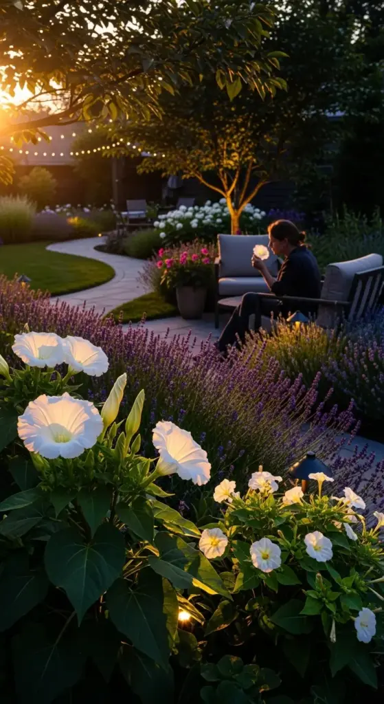 A tranquil evening garden scene at sunset showcases creative flower garden ideas, with a focus on glowing white moonflowers and lavender in the foreground. A winding stone path leads through lush plantings to a patio area where a person is seated, illuminated by the warm glow of string lights and a setting sun. The garden features various plants, creating a peaceful and inviting outdoor living space.