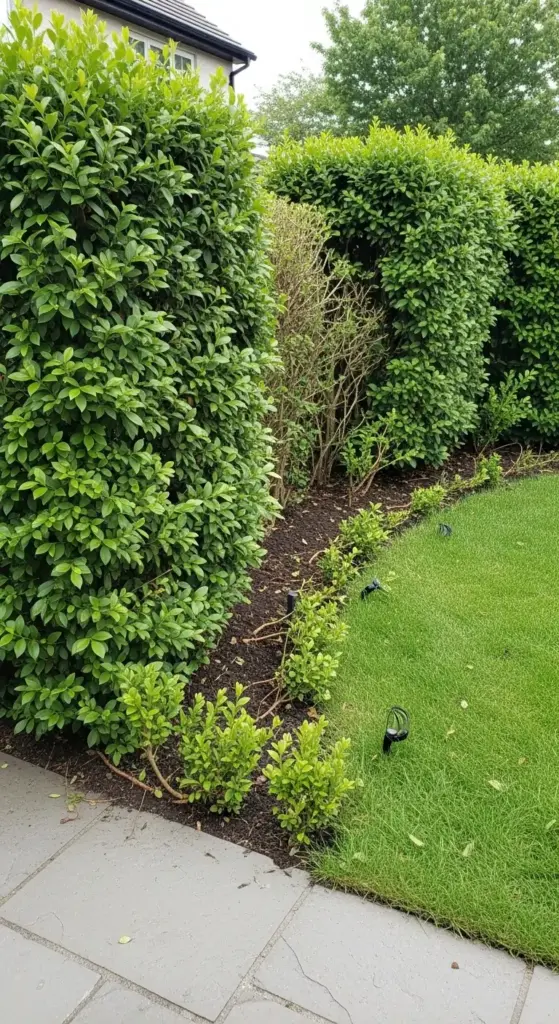 Lush green hedges and a perfectly manicured lawn are separated by natural garden edging ideas, featuring small plants creating a soft border along a paved path.