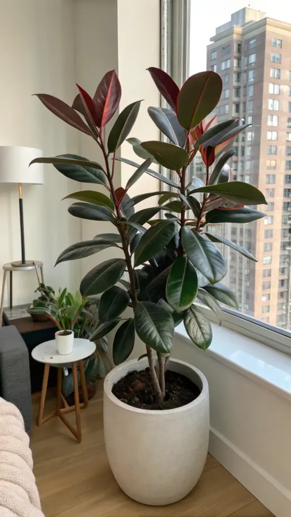 A large, healthy Ficus elastica 'Melany' rubber plant in a white pot by a window in a modern living space, representing one of the classic rubber plant varieties.