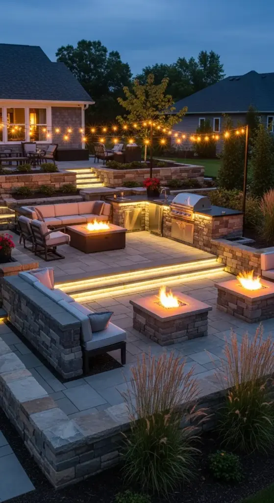 A luxurious, multi-level backyard patio illuminated at dusk, featuring a comprehensive outdoor living space. The alt text for the keyword "Backyard Patio Designs" describes the scene, which includes built-in stone seating, multiple fire pits, a full outdoor kitchen with a grill, and a dining area. The space is highlighted by integrated LED lighting on the steps and string lights overhead, creating a warm and inviting atmosphere perfect for entertaining.
