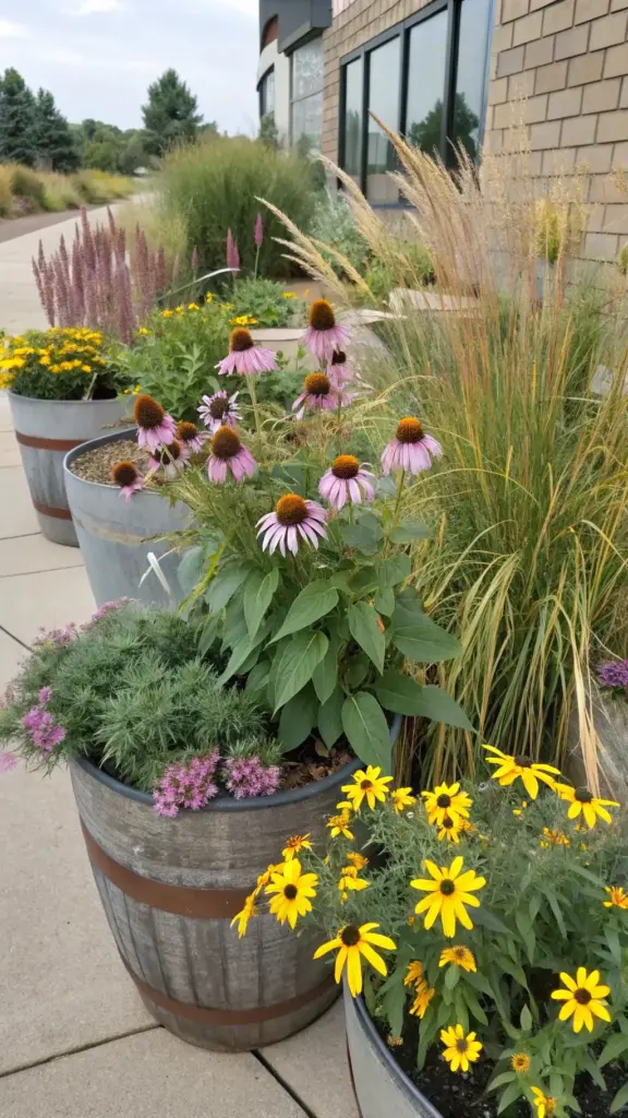 A rustic barrel planter and galvanized tubs filled with a variety of drought-tolerant plants like purple coneflowers, yellow black-eyed Susans, ornamental grasses, and groundcover, offering diverse full sun planter ideas for a naturalistic landscape design.